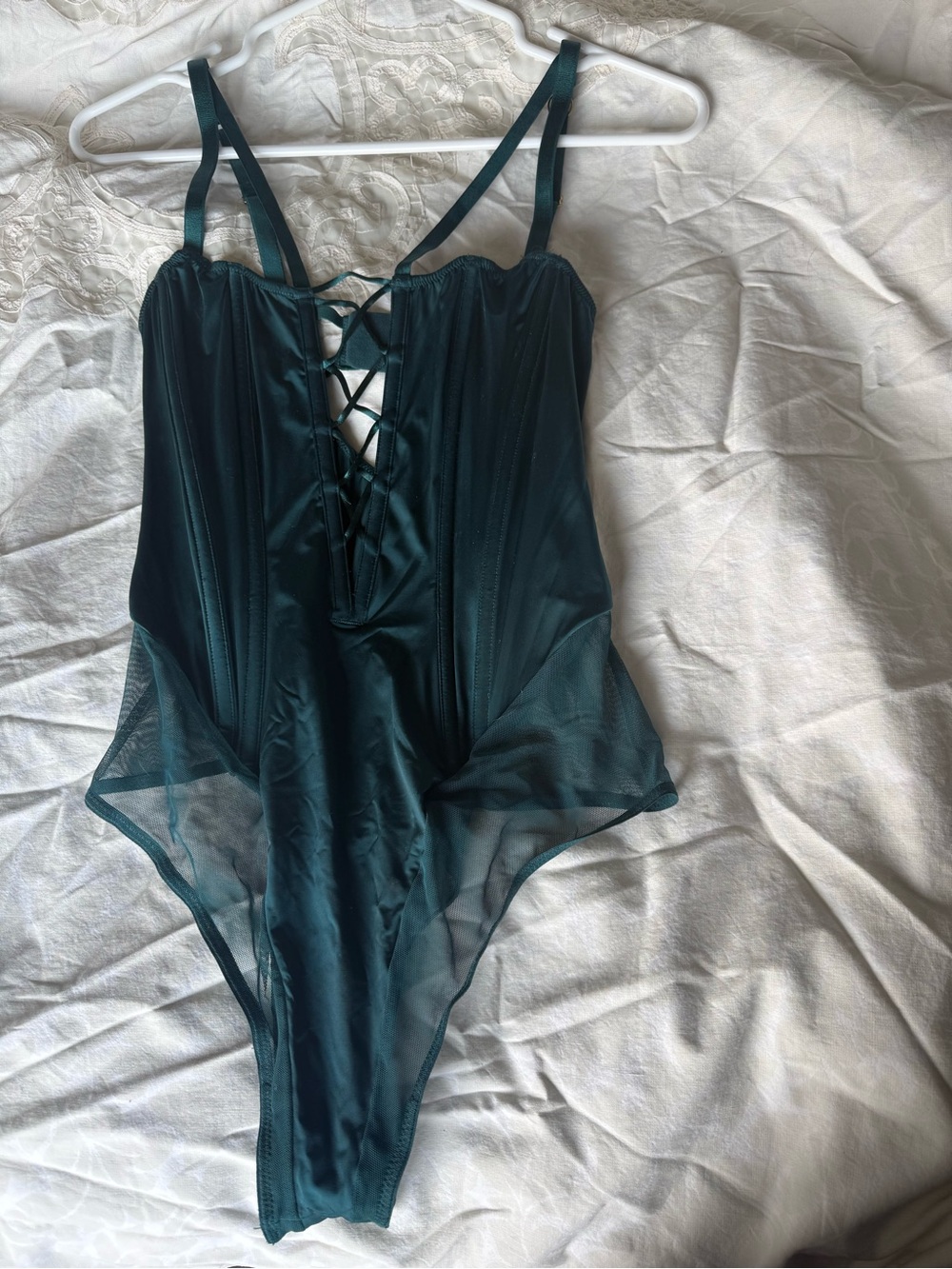Victoria's Secret Dark Teal Lace-Up Satin & Mesh Teddy Bodysuit